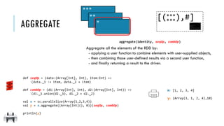 def seqOp = (data:(Array[Int], Int), item:Int) =>
(data._1 :+ item, data._2 + item)
def combOp = (d1:(Array[Int], Int), d2:(Array[Int], Int)) =>
(d1._1.union(d2._1), d1._2 + d2._2)
val x = sc.parallelize(Array(1,2,3,4))
val y = x.aggregate((Array[Int](), 0))(seqOp, combOp)
println(y)
x:
y:
aggregate(identity, seqOp, combOp)
Aggregate all the elements of the RDD by:
- applying a user function to combine elements with user-supplied objects,
- then combining those user-defined results via a second user function,
- and finally returning a result to the driver.
[1, 2, 3, 4]
(Array(3, 1, 2, 4),10)
AGGREGATE
***
****
**
***
[( ),#]
 