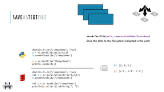 x:
y:
saveAsTextFile(path, compressionCodecClass=None)
Save the RDD to the filesystem indicated in the path
[2, 4, 1]
[u'2', u'4', u'1']
SAVEASTEXTFILE
dbutils.fs.rm("/temp/demo", True)
x = sc.parallelize([2,4,1])
x.saveAsTextFile("/temp/demo")
y = sc.textFile("/temp/demo")
print(y.collect())
dbutils.fs.rm("/temp/demo", true)
val x = sc.parallelize(Array(2,4,1))
x.saveAsTextFile("/temp/demo")
val y = sc.textFile("/temp/demo")
println(y.collect().mkString(", "))
 