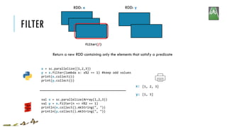 FILTER
x = sc.parallelize([1,2,3])
y = x.filter(lambda x: x%2 == 1) #keep odd values
print(x.collect())
print(y.collect())
[1, 2, 3]
[1, 3]
RDD: x RDD: y
x:
y:
filter(f)
Return a new RDD containing only the elements that satisfy a predicate
val x = sc.parallelize(Array(1,2,3))
val y = x.filter(n => n%2 == 1)
println(x.collect().mkString(", "))
println(y.collect().mkString(", "))
 