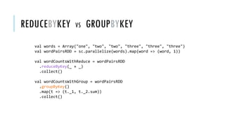 REDUCEBYKEY VS GROUPBYKEY
val words = Array("one", "two", "two", "three", "three", "three")
val wordPairsRDD = sc.parallelize(words).map(word => (word, 1))
val wordCountsWithReduce = wordPairsRDD
.reduceByKey(_ + _)
.collect()
val wordCountsWithGroup = wordPairsRDD
.groupByKey()
.map(t => (t._1, t._2.sum))
.collect()
 