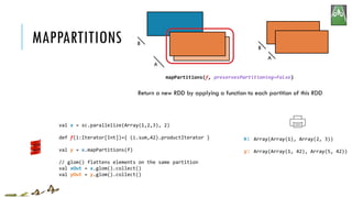 MAPPARTITIONS
x:
y:
mapPartitions(f, preservesPartitioning=False)
Return a new RDD by applying a function to each partition of this RDD
A
B
A
B
Array(Array(1), Array(2, 3))
Array(Array(1, 42), Array(5, 42))
val x = sc.parallelize(Array(1,2,3), 2)
def f(i:Iterator[Int])={ (i.sum,42).productIterator }
val y = x.mapPartitions(f)
// glom() flattens elements on the same partition
val xOut = x.glom().collect()
val yOut = y.glom().collect()
 