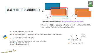 x:
y:
mapPartitionsWithIndex(f, preservesPartitioning=False)
Return a new RDD by applying a function to each partition of this RDD,
while tracking the index of the original partition
A
B
A
B
x = sc.parallelize([1,2,3], 2)
def f(partitionIndex, iterator): yield (partitionIndex, sum(iterator))
y = x.mapPartitionsWithIndex(f)
# glom() flattens elements on the same partition
print(x.glom().collect())
print(y.glom().collect())
[[1], [2, 3]]
[[0, 1], [1, 5]]
MAPPARTITIONSWITHINDEX
partition index
B A
 