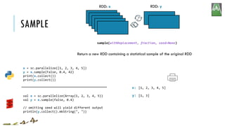 SAMPLE
x = sc.parallelize([1, 2, 3, 4, 5])
y = x.sample(False, 0.4, 42)
print(x.collect())
print(y.collect())
[1, 2, 3, 4, 5]
[1, 3]
RDD: x RDD: y
x:
y:
sample(withReplacement, fraction, seed=None)
Return a new RDD containing a statistical sample of the original RDD
val x = sc.parallelize(Array(1, 2, 3, 4, 5))
val y = x.sample(false, 0.4)
// omitting seed will yield different output
println(y.collect().mkString(", "))
 