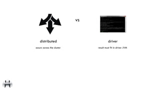 vs
distributed driver
occurs across the cluster result must fit in driver JVM
 