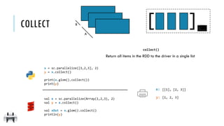 x:
y:
collect()
Return all items in the RDD to the driver in a single list
[[1], [2, 3]]
[1, 2, 3]
A
B
x = sc.parallelize([1,2,3], 2)
y = x.collect()
print(x.glom().collect())
print(y)
val x = sc.parallelize(Array(1,2,3), 2)
val y = x.collect()
val xOut = x.glom().collect()
println(y)
COLLECT [ ]
 
