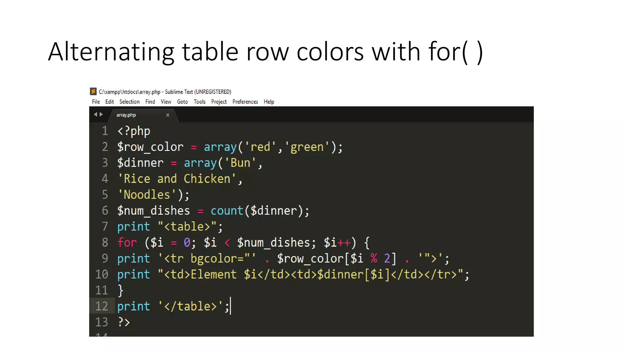 Alternating table row colors with for( )
 