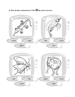 G. How do these animalsmove? Tick the correct answers.
runs flies
crawls
3.
glides swims
walks
4.
flies swims
runs
2.
crawls walks
glides
1.
 