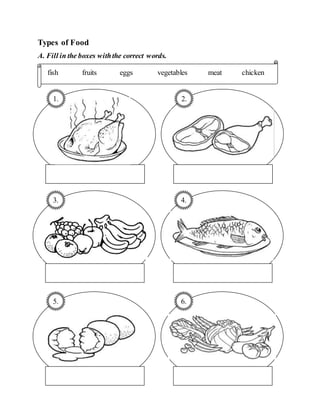 Types of Food
A. Fill in the boxes withthe correct words.
fish fruits eggs vegetables meat chicken
2.
1.
4.
5. 6.
3.
 