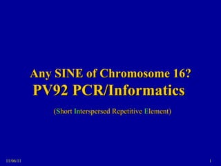 11/06/11 Any SINE of Chromosome 16? PV92 PCR/Informatics    ( S hort  In terspersed Repetitive  E lement) 