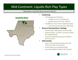 Mid‐Continent: Liquids‐Rich Play Types
                                            High‐Margin, Liquid‐Rich Reserves and Production

                                                                   •   Positioning
                            Anadarko Basin                              – CHK development drilling JV
                                                                            • ~10,000 net acres in Washita Co.
                                                                            • operate about one‐third; ~28% WI
                                                                        – ~40,000 net acres in other exploratory plays
                                                                            • Viola Lime test by mid‐year 2012 (oily)
                                                                   •   Reserve Characteristics / Geology
                                                                        – Granite Wash: 48% liquids; attractive IRRs
                                                                        – Historical EURs > 5.0 Bcfe; assuming 4.0 Bcfe 
                                                                          for remaining wells
                                                                        – $1.66 PV‐10 breakeven gas price ($90 per 
                                                                          barrel oil price)
                                                                   •   2012 Activity
                                                                        – Up to 7 (2.3 net) Granite Wash wells and       
                                                                          1 (0.5 net) Viola Lime test well
                                                                        – Granite Wash non‐operated drilling
                                                                        – Up to $20‐25MM of CAPEX (~8% of total)

                                                                                                                    17
Note: Based on 2/22/12 operational update
 