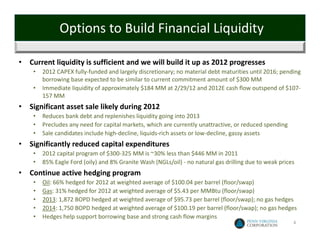 Options to Build Financial Liquidity

•   Current liquidity is sufficient and we will build it up as 2012 progresses
     •   2012 CAPEX fully‐funded and largely discretionary; no material debt maturities until 2016; pending 
         borrowing base expected to be similar to current commitment amount of $300 MM
     •   Immediate liquidity of approximately $184 MM at 2/29/12 and 2012E cash flow outspend of $107‐
         157 MM
•   Significant asset sale likely during 2012
     •   Reduces bank debt and replenishes liquidity going into 2013
     •   Precludes any need for capital markets, which are currently unattractive, or reduced spending
     •   Sale candidates include high‐decline, liquids‐rich assets or low‐decline, gassy assets
•   Significantly reduced capital expenditures
     •   2012 capital program of $300‐325 MM is ~30% less than $446 MM in 2011
     •   85% Eagle Ford (oily) and 8% Granite Wash (NGLs/oil) ‐ no natural gas drilling due to weak prices
•   Continue active hedging program
     •   Oil: 66% hedged for 2012 at weighted average of $100.04 per barrel (floor/swap)
     •   Gas: 31% hedged for 2012 at weighted average of $5.43 per MMBtu (floor/swap)
     •   2013: 1,872 BOPD hedged at weighted average of $95.73 per barrel (floor/swap); no gas hedges
     •   2014: 1,750 BOPD hedged at weighted average of $100.19 per barrel (floor/swap); no gas hedges
     •   Hedges help support borrowing base and strong cash flow margins
                                                                                                         4
 