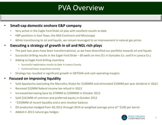 PVA Overview

•   Small-cap domestic onshore E&P company
    •   Very active in the Eagle Ford Shale oil play with excellent results to date
    •   HBP positions in East Texas, the Mid-Continent and Mississippi
    •   While transitioning to oil and liquids, we remain leveraged to an improvement in natural gas prices
•   Executing a strategy of growth in oil and NGL rich plays
    •   The past two years have been transformational, as we have diversified our portfolio towards oil and liquids
    •   Successful drilling results in the Eagle Ford Shale – 60 wells on-line (51 in Gonzales Co. and 9 in Lavaca Co.)
    •   Adding to Eagle Ford drilling inventory
          • Successful exploratory results to date in Lavaca County
          • Continued lease acquisition activity
    •   Strategy has resulted in significant growth in EBITDAX and cash operating margins
• Focused on improving liquidity
    •   Sold Appalachia (excluding the Marcellus Shale) for $100MM and eliminated $10MM per year dividend in 3Q12
    •   Received $32MM federal income tax refund in 3Q12
    •   Increased borrowing base by $70MM to $300MM in October 2012
    •   Sold $161MM of common and preferred equity in October 2012
    •   ~$350MM of recent liquidity and a zero revolver balance
    •   Oil production hedged from 4Q 2012 through 2014 at weighted average price of ~$100 per barrel
    •   Added in 2013 natural gas hedges
                                                                                                                          2
 