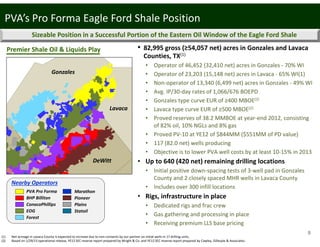 • 82,995 gross (≥54,057 net) acres in Gonzales and Lavaca 
Counties, TX(1)
• Operator of 46,452 (32,410 net) acres in Gonzales ‐ 70% WI
• Operator of 23,203 (15,148 net) acres in Lavaca ‐ 65% WI(1)
• Non‐operator of 13,340 (6,499 net) acres in Gonzales ‐ 49% WI
• Avg. IP/30‐day rates of 1,066/676 BOEPD
• Gonzales type curve EUR of ≥400 MBOE(2)
• Lavaca type curve EUR of ≥500 MBOE(2)
• Proved reserves of 38.2 MMBOE at year‐end 2012, consisting 
of 82% oil, 10% NGLs and 8% gas
• Proved PV‐10 at YE12 of $844MM ($551MM of PD value)
• 117 (82.0 net) wells producing
• Objective is to lower PVA well costs by at least 10‐15% in 2013
• Up to 640 (420 net) remaining drilling locations
• Initial positive down‐spacing tests of 3‐well pad in Gonzales 
County and 2 closely spaced MHR wells in Lavaca County
• Includes over 300 infill locations
• Rigs, infrastructure in place
• Dedicated rigs and frac crew
• Gas gathering and processing in place
• Receiving premium LLS base pricing
(1) Net acreage in Lavaca County is expected to increase due to non‐consents by our partner on initial wells in 17 drilling units.
(2) Based on 1/29/13 operational release, YE12 SEC reserve report prepared by Wright & Co. and YE12 SEC reserve report prepared by Cawley, Gillespie & Associates.
Premier Shale Oil & Liquids Play
Sizeable Position in a Successful Portion of the Eastern Oil Window of the Eagle Ford Shale
PVA’s Pro Forma Eagle Ford Shale Position
Gonzales
Lavaca
DeWitt
PVA Pro Forma
BHP Billiton
ConocoPhillips
EOG
Forest
Nearby Operators
Marathon
Pioneer
Plains
Statoil
8
 