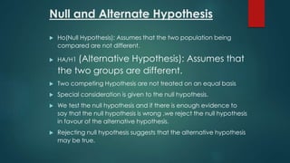 Null and Alternate Hypothesis 
 Ho(Null Hypothesis): Assumes that the two population being 
compared are not different. 
 HA/H1 (Alternative Hypothesis): Assumes that 
the two groups are different. 
 Two competing Hypothesis are not treated on an equal basis 
 Special consideration is given to the null hypothesis. 
 We test the null hypothesis and if there is enough evidence to 
say that the null hypothesis is wrong ,we reject the null hypothesis 
in favour of the alternative hypothesis. 
 Rejecting null hypothesis suggests that the alternative hypothesis 
may be true. 
 