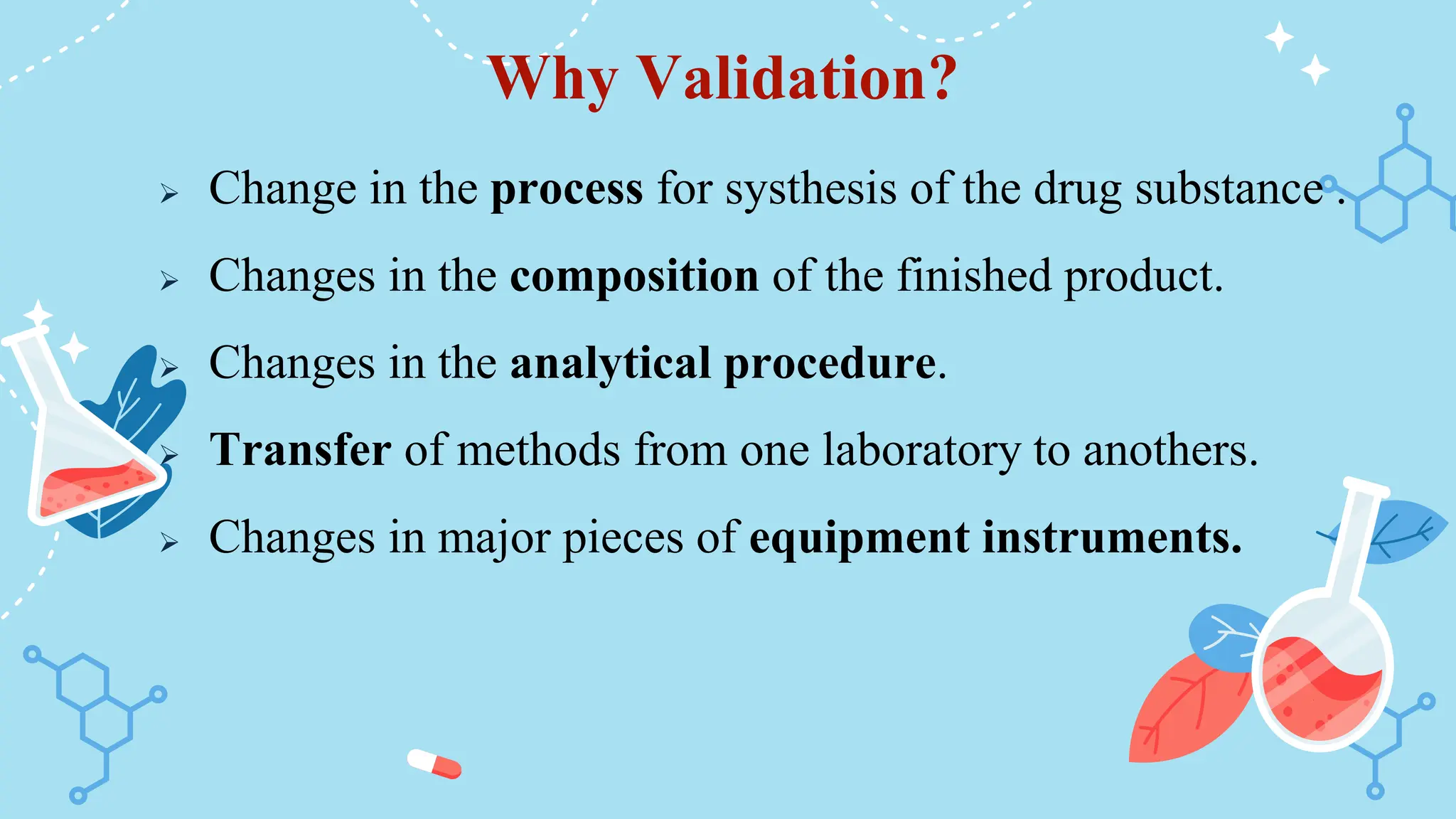 Why Validation?
 Change in the process for systhesis of the drug substance .
 Changes in the composition of the finished product.
 Changes in the analytical procedure.
 Transfer of methods from one laboratory to anothers.
 Changes in major pieces of equipment instruments.
 
