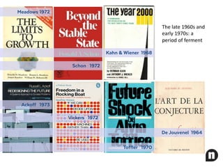 Kahn & Wiener 1968
Schon 1972
Meadows 1972
Toffler 1970
Ackoff 1973
Vickers 1972
De Jouvenel 1964
The	late	1960s	and	
early	1970s:	a	
period	of	ferment
 