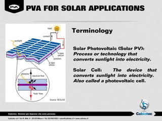 PVA FOR SOLAR APPLICATIONS


          Terminology

          Solar Photovoltaic (Solar PV):
          Process or technology that
          converts sunlight into electricity.

          Solar Cell:     The device that
          converts sunlight into electricity.
          Also called a photovoltaic cell.
 