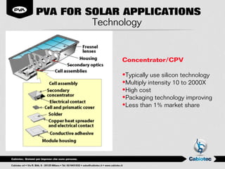 PVA FOR SOLAR APPLICATIONS
         Technology


             Concentrator/CPV

             •Typically use silicon technology
             •Multiply intensity 10 to 2000X
             •High cost
             •Packaging technology improving
             •Less than 1% market share
 