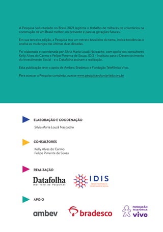 2
A Pesquisa Voluntariado no Brasil 2021 legitima o trabalho de milhares de voluntários na
construção de um Brasil melhor, no presente e para as gerações futuras.
Em sua terceira edição, a Pesquisa traz um retrato brasileiro do tema, indica tendências e
analisa as mudanças das últimas duas décadas.
Foi elaborada e coordenada por Silvia Maria Louzã Naccache, com apoio dos consultores
Kelly Alves do Carmo e Felipe Pimenta de Souza. IDIS - Instituto para o Desenvolvimento
do Investimento Social - e o Datafolha assinam a realização.
Esta publicação teve o apoio de Ambev, Bradesco e Fundação Telefônica Vivo.
Para acessar a Pesquisa completa, acesse www.pesquisavoluntariado.org.br
ELABORAÇÃO E COODENAÇÃO
Silvia Maria Louzã Naccache
CONSULTORES
Kelly Alves do Carmo
Felipe Pimenta de Souza
REALIZAÇÃO
APOIO
 