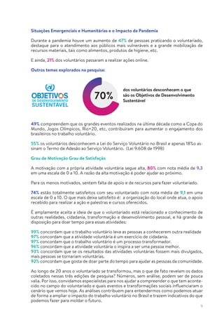 9
Situações Emergenciais e Humanitárias e o Impacto da Pandemia
Durante a pandemia houve um aumento de 47% de pessoas praticando o voluntariado,
destaque para o atendimento aos públicos mais vulneráveis e a grande mobilização de
recursos materiais, tais como alimentos, produtos de higiene, etc.
E ainda, 21% dos voluntários passaram a realizar ações online.
Outros temas explorados na pesquisa:
49% compreendem que os grandes eventos realizados na última década como a Copa do
Mundo, Jogos Olímpicos, Rio+20, etc, contribuíram para aumentar o engajamento dos
brasileiros no trabalho voluntário.
55% os voluntários desconhecem a Lei do Serviço Voluntário no Brasil e apenas 18%o as-
sinam o Termo de Adesão ao Serviço Voluntário. (Lei 9.608 de 1998)
Grau de Motivação Grau de Satisfação
A motivação com a própria atividade voluntária segue alta, 80% com nota média de 9,3
em uma escala de 0 a 10. A razão da alta motivação é poder ajudar ao próximo.
Para os menos motivados, sentem falta de apoio e de recursos para fazer voluntariado.
74% estão totalmente satisfeitos com seu voluntariado com nota média de 9,1 em uma
escala de 0 a 10. O que mais deixa satisfeito é: a organização do local onde atua, o apoio
recebido para realizar a ação e palestras e cursos oferecidos.
É amplamente aceita a ideia de que o voluntariado está relacionado a conhecimento de
outras realidades, cidadania, transformação e desenvolvimento pessoal, e há grande de
disposição para doar tempo para essas atividades:
99% concordam que o trabalho voluntário leva as pessoas a conhecerem outra realidade
97% concordam que a atividade voluntária é um exercício de cidadania.
97% concordam que o trabalho voluntário é um processo transformador.
96% concordam que a atividade voluntária o inspira a ser uma pessoa melhor.
93% concordam que se os resultados das atividades voluntárias fossem mais divulgados,
mais pessoas se tornariam voluntárias.
92% concordam que gosta de doar parte do tempo para ajudar as pessoas da comunidade.
Ao longo de 20 anos o voluntariado se transformou, mas o que de fato revelam os dados
coletados nessas três edições de pesquisa? Números, sem análise, podem ser de pouca
valia. Por isso, convidamos especialistas para nos ajudar a compreender o que tem aconte-
cido no campo do voluntariado e quais eventos e transformações sociais influenciaram o
cenário que vemos hoje. As análises contribuem para entendermos como podemos atuar
de forma a ampliar o impacto do trabalho voluntário no Brasil e trazem indicativos do que
podemos fazer para moldar o futuro.
dos voluntários desconhecem o que
são os Objetivos de Desenvolvimento
Sustentável
 