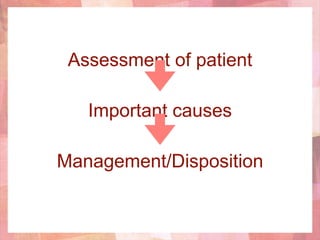 Assessment of patient
Important causes
Management/Disposition
 