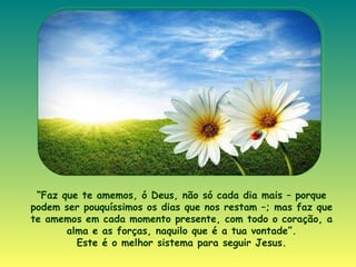 “ Faz que te amemos, ó Deus, não só cada dia mais – porque podem ser pouquíssimos os dias que nos restam –; mas faz que te amemos em cada momento presente, com todo o coração, a alma e as forças, naquilo que é a tua vontade”. Este é o melhor sistema para seguir Jesus . 