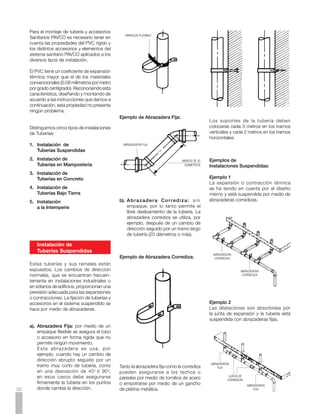 Instalación de                                   Instalación de                                Instalación
   Tuberías en Mampostería                          Tuberías en Concreto                          a la Intemperie

Bajo esta denominación se clasifican no          Como la tubería y los accesorios están        Cuando la tubería va a estar expuesta
sólo las instalaciones que van totalmente        totalmente incrustados en concreto,           a la radiación solar, debe cubrirse con
dentro de muros, sino también, aquellas          las dilataciones son absorbidas por el        un techo opaco o protegerse con una
que parcialmente van dentro del concreto;        material mismo, debido a que el PVC           pintura que cumpla con las siguientes
por ejemplo: una bajante dentro de un            tiene un cierto grado de elasticidad. Los     características:
ducto con partes de sus derivaciones             accesorios deben resistir los esfuerzos
en muros y parte en concreto. Para               que se producen por el movimiento             •	 No debe necesitar solvente o tener
las tuberías que van dentro de muros             térmico ya que la tubería no de adhiere al       base thinner. Esta sustancia no se
(regatas) es deseable que el pañete tenga        concreto; por eso, al fundir la mezcla es        comporta bien con el PVC.
un espesor mínimo de 2 centímetros.              necesario compactar bien los accesorios
                                                 y evitar cualquier vacío que permita un       •	 Debe tener un componente reflectivo
Ejemplo de                                       movimiento posterior de los mismos.              como el aluminio o similar.
Instalaciones en Mampostería:                    Como los tubos PAVCO son muy livianos
                                                 tienden a flotar en el concreto y por lo      •	 Debe asegurarse la adherencia al PVC
La bajante está dentro de un ducto y             tanto debe fijarse la tubería y en especial      con la aplicación directa o a través de
atraviesa las placas de concreto de              los accesorios a la formaleta antes de           la aplicación de un “primer”.
piso; los ramales están unos dentro              proceder al vibrado de la mezcla.
de la placa y otros en los muros; la                                                           Antes de pintar la tubería debe prepararse
bajante entre placa y placa está ibre.                                                         la superficie para asegurar la adherencia;
Los puntos F funcionarán como “puntos                                                          lijar suavemente en seco, limpiar con
fijos” siempre y cuando la bajante esté                                                        limpiador PAVCO y aplicar la pintura.
empotrada dentro del concreto con su
abrazadera fija. Entonces las dilataciones
o contracciones térmicas tendrán lugar en
la junta de expansión. En estos casos se
debe instalar una junta de expansión por
piso. Como los ramales de este ejemplo
entran a los muros muy cerca del ducto,
es conveniente envolver los extremos de
los ramales con algún material aislante
(fibra de vidrio o espuma) para que los
ramales puedan tomar los pequeños
movimientos de las bajantes.                                         SUJETAR FIRMEMENTE
                                                                       A LA FORMALETA
                                                                                                  Juntas de
                        ABRAZADERA CORREDIZA                                                      Expansión
                           JUNTA DE EXPANSION
     F                                                                                            Para su instalación
                                                    Instalación de                                tenga en cuenta:
                             ABRAZADERA FIJA
                                                    Tuberías Bajo Tierra
                                                                                               1.	 El tubo en el que se va a ensamblar
                                                                                                   la campana que tiene el hidrosello
                                                 Las tuberías deben enterrarse a una               instalado, se debe biselar con una
                        ABRAZADERA CORREDIZA     profundidad mínima de 60 centímetros,             lima, pulidora o esmeril.
                           JUNTA DE EXPANSION    en una cama de material libre de piedras
     F
                                                 o elementos agudos y el relleno deberá        2.	 Aplicar el lubricante en el espigo
                             ABRAZADERA FIJA
                                                 quedar bien compactado.                           biselado y en el hidrosello de
                                                                                               	 caucho.

                                                                                               3.	 Alinee la Junta de Expansión con el
                        ABRAZADERA CORREDIZA
                                                                                                   tubo y ensamblela hasta el fondo.
                           JUNTA DE EXPANSION
     F
                                                                               0.60 m
                                                                               Mínimo.
                                                                                               4.	 En el otro extremo que es una campana
                             ABRAZADERA FIJA                                                       para soldar, aplique limpiador PAVCO
                                                                                                   en el tubo y la campana, lo mismo que
                                                                                                   Soldadura Líquida PVC PAVCO.

                                                                                               5.	 Enfrente la tubería con la campana y
                                                                                                   devuelva la Junta de Expansión para
                                                                                                   ensamblar en el espigo a soldar.
                               FIBRA DE VIDRIO                                                                                              37
 