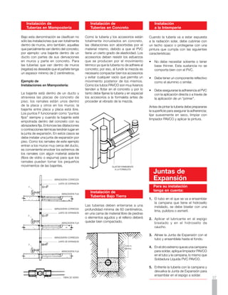 Ventajas:
     1.	 Mejor hidrosello
                                                    Diseño de Instalaciones Sanitarias
     2.	 Más longitud de campana mecánica           (Datos TEcnicos)
     3.	 Mayor facilidad de instalación
                                                              VALORES UNITARIOS PARA APARATOS DE DESAGÜE SANITARIO
                                                                              (En unidades de aparato)

     NOTA:                                                                                         Aparato o Grupo
     Cuando la tubería va a estar expuesta            Cuarto de baño con lavamanos, ducha y un inodoro de tanque	                                             6
     a la radiación solar, debe cubrirse con          Combinación de fregadero y lavadero con sifón de 2”	                                                    3
     un techo opaco o protegerse con una              Fregadero de cocina	                                                                                    2
     pintura que cumpla con las siguientes            Lavamanos con salida para deshechos de 1.1/2”	                                                          2
     características:                                 Lavamanos con salida para deshechos de 1.1/4”	                                                          1
                                                      Lavadero de 1 ó 2 compartimientos	                                                                      2
     •	 No debe necesitar solvente o tener            Ducha	                                                                                                  2
                                                      Orinal con fluxómetro de 1”	                                                                            8
        base en thinner. Esta sustancia no se         Inodoro con fluxómetro de 1.1/4”	                                                                       8
        comporta bien con el PVC                      Inodoro con tanque	                                                                                     4
     •	 Debe tener un componente reflectivo,          Bidet con sifón de 2”	                                                                                  3
        como el aluminio o similar                    Tina con sifón de 2”	                                                                                   3
     •	 Debe asegurarse la adherencia al PVC          Accesorio no incluído con sifón de 4”	                                                                  6
        con la aplicación directa o a través de       Accesorio no incluído con sifón de 3”	                                                                  5
        la aplicación de un “primer’’                 Accesorio no incluído con sifón de 2”	                                                                  3
                                                      Accesorio no incluído con sifón de 1.1/2”	                                                              2
     Antes de pintar la tubería debe prepararse
     la superficie para asegurar la adherencia;
                                                       CARGAS MAXIMAS PERMISIBLES PARA TUBOS DE DESAGÜE SANITARIO
     lijar suavemente en seco, limpiar con                               (En unidades de aparato)
     limpiador PAVCO y aplicar la pintura.
                                                     Diámetro               Cualquier                  Tallo no mayor               Tallo de más de 3 pisos
                                                     Nominal                 Ramal                       de 3 pisos              Total Tallo            Total

                                                    1.1/4 	    (1)     	           1               	           2            	         2           	       1
                                                    1.1/2 	    (1)     	           3               	           4            	         8           	       2
                                                    2	         (1)     	           6               	          10            	        24           	       6
                                                    3                  	          20	 (2)          	          30	 (3)       	        60	 (3)      	      16	 (2)
                                                    4                  	         160               	         240            	       500           	      90
                                                    6                  	         620               	         960            	     1.900           	     350

        Comportamiento                                                            1.	 No se permite descarga de inodoros

        en Condiciones                                                            2.	 No se conectarán más de 2 inodoros
                                                                                  3.	 No se conectarán más de 6 inodoros

        Extremas
                                                  CARGAS MAXIMAS - DESAGÜE AGUAS LLUVIAS AREA PROYECTADA DE CUBIERTA
                                                                                M2 (1)
     •	 El PVC es un material termoplástico
        que puede ser fundido aplicando                                                                                 Colectores Horizontales
        calor, de tal forma que nunca debe           Diámetro
                                                                            Bajantes                                          Pendiente
                                                     Nominal                                                  1%                  2%                     4%
        instalarse, almacenarse o someterse
        a una fuente de calor que pueda                   3                    200                            75                    110                 150
        deformarlo. La temperatura máxima                 4                    425                           175                    245                 350
        a que puede transportar agua es de                6                  1.250                           495                    700                 990
        60°C .
                                                                     (1) Tabla calculada para una precipitación pluvial de 10 cm / hora

     •	 No aplique solventes ni someta la
        tubería a contacto con estos.
                                                                DIAMETROS DE LOS TALLOS Y RAMALES DE VENTILACION

     •	 No someta la tubería a contacto                                                                     Diámetro de la Ventilación Requerida
                                                  Diámetro del Unidades de
        directo con elementos punzantes,            Tallo de   Accesorios                   11/4”             11/2”          2”           3”                  4”
        tales como herramientas metálicas o       Aguas Negras Conectadas                                  Máxima Longitud de Ventilación en Mts.
        piedras angulosas mayores a 3/4”.            1.1/4                   2              9.00
                                                     1.1/2                   8               np                45.00
     •	 Consulte con nosotros condiciones              2                    20               np                15.00            45.00
        especiales no cubiertas por este               3                    60               np                  np             15.00          120.00
        manual en los teléfonos que aparecen           4                   500               np                  np              6.00           54.00     210.oo
        en la contraportada de este manual.                                                            n p : no permitido
38
 