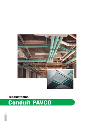 Portafolio de Producto
  Tuberías Conduit PAVCO
  Conduit                                          Diámetro                            Diámetro                     Espesor
                                                                   Referencia                                                                      Peso
  La Tubería PAVCO se ciñe a la                    Nominal                         Exterior Promedio            de Pared Mínimo
  Norma de fabricación 979 del
  Instituto Colombiano de Normas                   mm    pulg.                          mm          pulg.         mm               pulg.           kg/m
  Técnicas y está garantizada para       NTC 979   21     1/2         12472             21.34       0.840         1.52             0.060           0.13
  la conducción de cables en las
  instalaciones eléctricas que se                  26     3/4         12478             26.67       1.050         1.52             0.060           0.17
  efectúen de acuerdo a lo establecido             33      1          12464             33.40       1.315         1.52             0.060           0.21
  en el Código Colombiano de
                                                   42    1.1/4        12469             42.16       1.660         1.78             0.070           0.32
  Instalaciones Eléctricas Norma
  Técnica Colombiana 2050.                         48    1.1/2        12467             48.26       1.900         2.03             0.080           0.42

  Tubos de 3mt. con campana                        60      2          12475             60.32       2.375         2.54             0.100           0.65



  Tuberías Conduflex                                                      Diámetro
                                                                          Nominal
                                                                                             Referencia     Diámetro Exterior
                                                                                                               Promedio
                                                                                                                                          Diámetro
                                                                                                                                     Interior Promedio

  con Cable Guía                                                         mm
                                                                          21
                                                                                pulg.
                                                                                 1/2            12456
                                                                                                             mm
                                                                                                             21.24
                                                                                                                          pulg.
                                                                                                                          0.836
                                                                                                                                       mm
                                                                                                                                      17.19
                                                                                                                                                    pulg.
                                                                                                                                                   0.676
  TUBERIA FLEXIBLE Rollos de 50 mts.                                      26     3/4            12459        26.67        1.050       20.47        0.806


  Tuberías Conduflex                                                      Diámetro
                                                                          Nominal
                                                                                           Referencia
                                                                                                               Diámetro
                                                                                                             Exterior Prom.
                                                                                                                                         Diámetro
                                                                                                                                    Interior Promedio

  sin Cable Guía                                                         mm
                                                                         21
                                                                                pulg.
                                                                                 1/2            12457
                                                                                                             mm
                                                                                                            21.24
                                                                                                                          pulg.
                                                                                                                          0.836
                                                                                                                                       mm
                                                                                                                                      17.19
                                                                                                                                                   pulg.
                                                                                                                                                   0.677
  TUBERIA FLEXIBLE Rollos de 50 mts.
                                                                         26      3/4            12460       2667          1.060       20.47        0.806
                                                                         33       1             12523       33.40         1.315       26.40        1.039
                                                                         42      1/4            12524       42.16         1.659       35.00        1.378

                 NOTA: Las tuberías CONDUIT PAVCO y CONDUFLEX PAVCO cumplen con la resolución 180465 de abril 2/07 RETIE.


  Accesorios Coduit PAVCO
CURVAS DE 90O                                                             Diámetro
CAMPANA X ESPIGO                                                                             Referencia               A                        B
                                                                          Nominal
                                                                         mm      pulg.                        mm          pulg.       mm           pulg.

                                                                          21      1/2            11074       101.60        4.000       50.80        2.000
                                                                          26      3/4            11078       114.30        4.500       66.68        2.625
                                                                          33       1             11067       146.05        5.750       69.85        2.750
                                                                          42     1.1/4           11071       184.15        7.250       69.85        2.750
                                                                          48     1.1/2           11069       209.55        8.250       77.80        3.063
                                                                          60       2             11076       241.30        9.500      101.60        4.000


CURVAS DE 45O                                                             Diámetro
CAMPANA X ESPIGO                                                                             Referencia               A                        B
                                                                          Nominal
                                                                         mm      pulg.                        mm          pulg.       mm           pulg.
                                                                          21      1/2            11063       101.60        4.000       50.80        2.000
                                                                          26      3/4            11065       114.30        4.500       66.68        2.625
                                                                          33       1             11060       146.05        5.750       69.85        2.750
                                                                          42     1.1/4           11062       184.15        7.250       69.85        2.750
                                                                          48     1.1/2           11061       209.55        8.250       77.80        3.063
                                                                          60       2             11064       241.30        9.500      101.60        4.000



UNIONES                                                                   Diámetro
                                                                                             Referencia               A                        B
                                                                          Nominal
                                                                         mm      pulg.                        mm          pulg.       mm           pulg.
                                                                         21       1/2            12848        41.28        1.625       3.175        0.125
                                                                         26       3/4            12856        47.63        1.863       3.175        0.125
                                                                         33        1             12843        53.98        2.125       3.175        0.125
                                                                         42      1.1/4           12845        60.33        2.375       3.175        0.125
                                                                         48      1.1/2           12844        66.68        2.625       3.175        0.125
                                                                         60        2             12850        79.38        3.125       3.175        0.125
                                                                         88        3             12852       107.95        4.250       6.350        0.250   41
 