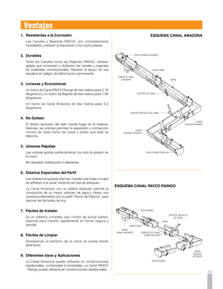 Canal Amazona PAVCO
              La Canal Amazona está diseñada para acoplarse
              con las Bajantes PAVCO.

              Tramos de 3 mt.




                                    Referencia                                                            Peso
                                                                                                          kg.
                                         12443                                                            3.300




              Accesorios Canal Amazona PAVCO
     Tapa Exterior                                                                                                                       Tapa Interior
     DERECHA E IZQUIERDA                                                                                                                 DERECHA E IZQUIERDA
                                           162.3 mm

                                                                                                                Referencia       Peso                                               159.8 mm
                                                                                                                                                                                                                                         Referencia     Peso
                                                                                                                                 kg.                                                                                                                     kg.
                   142.3 mm




                                                                                                                                                   135 mm



                                                                                                                  11777 (Izq.)   0.144                                                                                                   11779 (Izq.)   0.144
                                                                                     94.9 mm




                                                                                                                                                                                                                      95 mm
                                                                                                                  11778 (Der.)   0.140                                                                                                   11780 (Der.)   0.140




     UNION CANAL                                                                                                                         UNION DE CANAL A BAJANTE
                                          169.4 mm
                                                                                                                                                                                    300 mm
                                                                                                                Referencia       Peso                                                                                                    Referencia     Peso
                                                                                                                                 kg.                                                                                                                     kg.
                                                                                               142.3 mm
        109.9 mm




                                                                                                                    12826        0.245                                                                                                     12828        0.490




     SOPORTE DE CANAL
                                                                                                                                                                                                                                         Referencia     Peso
                                                                                                                Referencia       Peso                                                                                                                   kg.

                                                                                                                                 kg.     Soporte Metálico                                                                                  11771        0.130
                                                                                     160 mm
            95 mm




                                                                                                                    11772        0.090
                                                                                                                                         HIDROSELLO CANAL                                                                                  390053       0.011




     Union Esquina Exterior                                                                                                              Union Esquina Interior
                                            220.0 mm
                                                                                                                                                                   220.0 mm

                                                                                                                Referencia       Peso                                                                                                    Referencia     Peso
                                                                                                                                                                INSETE HASTA AQUI
                              220.0 mm




                                                                                                                                 kg.                                                                                                                     kg.
                                                                INSETE HASTA AQUI




                                                                                                                                                                                                           220.0 mm




     178.8 mm                                                                                                                                                                                                            176.35 mm

                                            INSETE HASTA AQUI                                                                                                                          INSETE HASTA AQUI
       9.2 mm                                                                       14.1 mm                         12830        0.910    9.2 mm
                                                                                                                                         32.0 mm
                                                                                                                                                                                                                               14.1 mm
                                                                                                                                                                                                                              29.55 mm
                                                                                                                                                                                                                                           12831        0.890
      32.0 mm                                                                       29.55 mm
                                             4.25 mm
                                         160.0 mm    60.0 mm                                                                                          60.0 mm                       160.0 mm               4.25 mm




              Capacidad Canal Amazona PAVCO
46            La capacidad de la Canal Amazona PAVCO es de 90 mt2 de cubierta por cada bajante
 