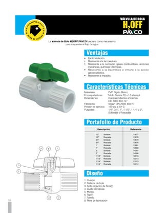 Guía de InstalaciónMedidas de Seguridad
                                                        Para Soldar

1.	 Corte el tubo con una segueta. Asegúrese que el corte
    esté a escuadra usando una caja guía.




2.	 Quite las rebabas y las marcas de la segueta (use una lima
    o papel de lija).

	 Limpie su extremo como el interior de la VÁLVULA DE BOLA
  H2OFF a soldar; utilice LIMPIAMAX Removedor PAVCO.




3.	 Aplique SOLDAMAX PVC en la VÁLVULA DE BOLA H2OFF
    y en el exterior del tubo. No se exceda en la aplicación.




4.	 Una la VÁLVULA DE BOLA H2OFF y el tubo con un ligero
    movimiento de 	torsión, 1/4 de vuelta; y mantenga 30
    segundos para lograr un mejor contacto.




                                                        Para Roscar
1.	 Envuelva con cinta teflón la parte a unir.

2.	 Rosque el tubo y el accesorio girando hasta que el tubo
    quede rígido.




                                                                      59
 