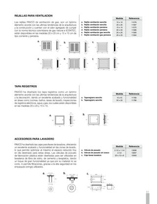 Los Accesorios para Grifería PAVCO sirven como conectores para el transporte
                                      y la descarga de agua potable caliente y/o fría. Es un sistema integrado para
                                                         Lavamanos, Lavaplatos y Sanitarios.




                                                                                              Ventajas
                                                                                        •	 Fácil instalación manual.
                                                                                        •	 Resistentes a la corrosión, gases combustibles, acciones
                                                                                           mecánicas, químicas y térmicas.




           Características Técnicas, Diseño y Portafolio
     CANASTILLAS
     · Presión hidrostática: 5PSI · Capacidad mínima de flujo: 27L/min · Resistencia al torque de la rosca: 20 Nm. · Temperatura de operación: entre 100C y 820C

                                                  Medida           Referencia
     a.	   con Filtro de Acero                        4”               10595
     b.	   Plástica                                   4”               10596
     c.	   Filtro de Acero                            2”               10594                      Dispositivo mecánico que permite la descarga de agua.
     d.	   Plástica con Filtro Polipropileno          4”               10597


     a.                                          b.                                      c.                                      d.




62
 