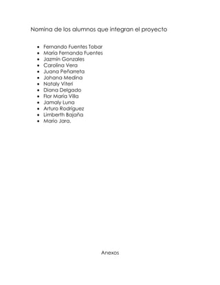 Nomina de los alumnos que integran el proyecto

    Fernando Fuentes Tobar
    María Fernanda Fuentes
    Jazmín Gonzales
    Carolina Vera
    Juana Peñarreta
    Johana Medina
    Nataly Viteri
    Diana Delgado
    Flor María Villa
    Jamaly Luna
    Arturo Rodríguez
    Limberth Bajaña
    Mario Jara.




                         Anexos
 