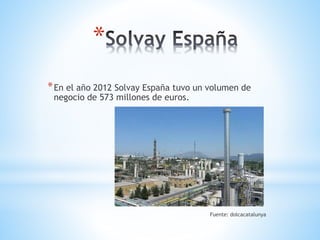 *
*En el año 2012 Solvay España tuvo un volumen de
negocio de 573 millones de euros.
Fuente: dolcacatalunya
 