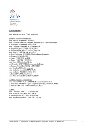 ________________________________________________________________________________________
Compte rendu du CA extraordinaire du 28 février 2014 pour approbation en séance du 26 mars 2014 2
Etaient présents :
Mme Anne-Marie DESCÔTES, présidente
Membres titulaires ou suppléants :
Mme Kalliopi ANGO ELA, sénatrice
Mme Géraldine ACHARD-BAYLE, ministère de la Fonction publique
M. Jean-Marc BERTHON, MAE/DGM
Mme Pauline CARMONA, MAE/DGA/DRH
M. Daniel CHARBONNIER, MEN/IGEN
M. Philippe CHAUVEAU, UNSA-Education
Mme Agnès CUKIERMAN, MAE/DAF
M. Jean-Christophe DEBERRE, Mission Laïque Française
M. François DENIS, FAPEE
M. André FERRAND, ANEFE
M. Roger FERRARI, FSU/SNES
Mme Anne GRILLO, MAE/DGM
M. Alexandre KOUTCHOUK, ministère du Budget
M. Jacques-Michel LACROIX, MEN/DREIC
Mme Claudine LEPAGE, sénatrice
Mme Catherine MANCIP, MAE/DGM
Mme Catherine RECHENMANN, AFE
M. Patrick SOLDAT, FSU/SNES
Mme Anna-Livia SUSINI, MEN/DGESCO
Membres avec voix consultative :
Mme Hélène FARNAUD-DEFROMONT, directrice de l’AEFE
M. Patrick BARRETEAU, agent comptable principal par intérim, AEFE
M. Patrick VINCENT, contrôleur financier, MAE
Experts :
Mme Laurence CHAUVET, FSU/SNUipp
Mme Sylvie GUETIENNE, FSU/SNES
M. Christophe LE BOLC'H, FSU/SNUipp
Mme Maria-Fernanda ORTEGA, FSU/SNUipp
 