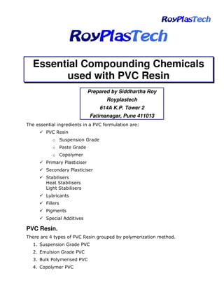 Essential Compounding Chemicals
used with PVC Resin
Prepared by Siddhartha Roy
Royplastech
614A K.P. Tower 2
Fatimanagar, Pune 411013

o
o
o

!

PVC Resin.
"
%$
&$ '
($ ) *
"$

#

$

 