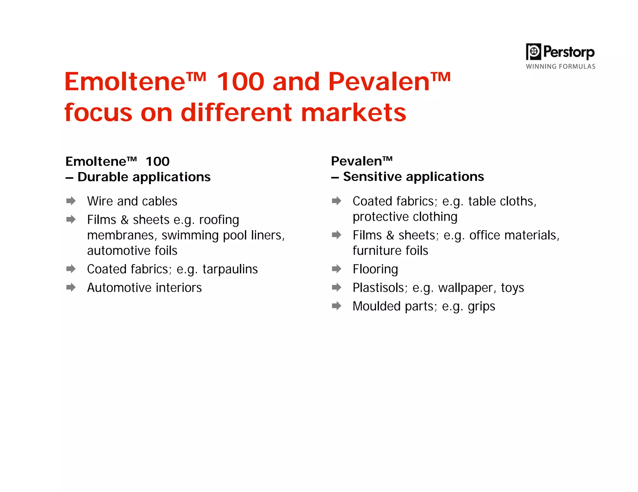 Emoltene™ 100 and Pevalen™
focus on different markets
Emoltene™ 100
– Durable applications
Wire and cables
Films & sheets e.g. roofing
membranes, swimming pool liners,
automotive foils
Coated fabrics; e.g. tarpaulins
Automotive interiors
Pevalen™
– Sensitive applications
Coated fabrics; e.g. table cloths,
protective clothing
Films & sheets; e.g. office materials,
furniture foils
Flooring
Plastisols; e.g. wallpaper, toys
Moulded parts; e.g. grips
 
