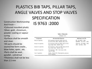 PLASTICS BIB TAPS, PILLAR TAPS,
ANGLE VALVES AND STOP VALVES
SPECIFICATION
IS 9763 :2000
Construction Workmanship
And Finish –
•Coloured moulded plsatic
•Silver, gold , chromium ,
powder coating or vapour
curing
•Surfaces shall be smooth
and clean
•All parts should be
sound,free form cracks ,
blow holes, spots , etc.
•Parts shall be axial ,
parallel , cylindrical
•Thickness shall not be less
than 2.5 mm
 