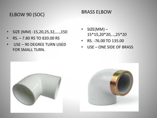 ELBOW 90 (SOC)
• SIZE (MM) -15,20,25,32,….,150
• RS. – 7.80 RS TO 820.00 RS
• USE – 90 DEGREE TURN USED
FOR SMALL TURN.
BRASS ELBOW
• SIZE(MM) –
15*15,20*20,…,25*20
• RS. -76.00 TO 135.00
• USE – ONE SIDE OF BRASS
 