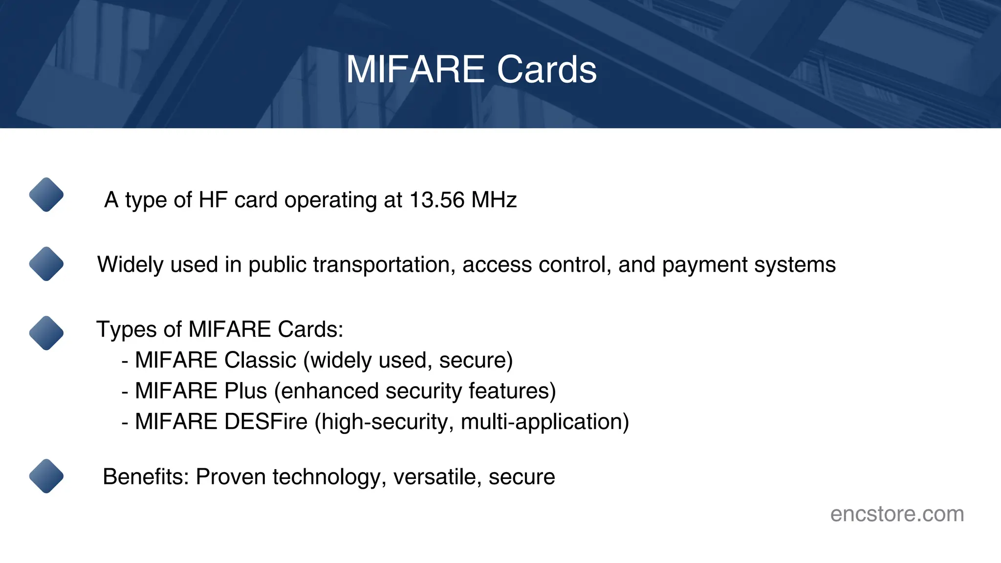 MIFARE Cards
A type of HF card operating at 13.56 MHz
Widely used in public transportation, access control, and payment systems
Types of MIFARE Cards:
- MIFARE Classic (widely used, secure)
- MIFARE Plus (enhanced security features)
- MIFARE DESFire (high-security, multi-application)
Benefits: Proven technology, versatile, secure
encstore.com
 