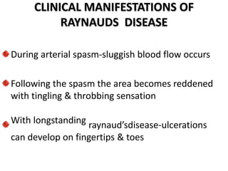 CLINICAL MANIFESTATIONS OF
RAYNAUDS DISEASE
During arterial spasm-sluggish blood flow occurs
Following the spasm the area becomes reddened
with tingling & throbbing sensation
With longstanding raynaud’sdisease-ulcerations
can develop on fingertips & toes
 