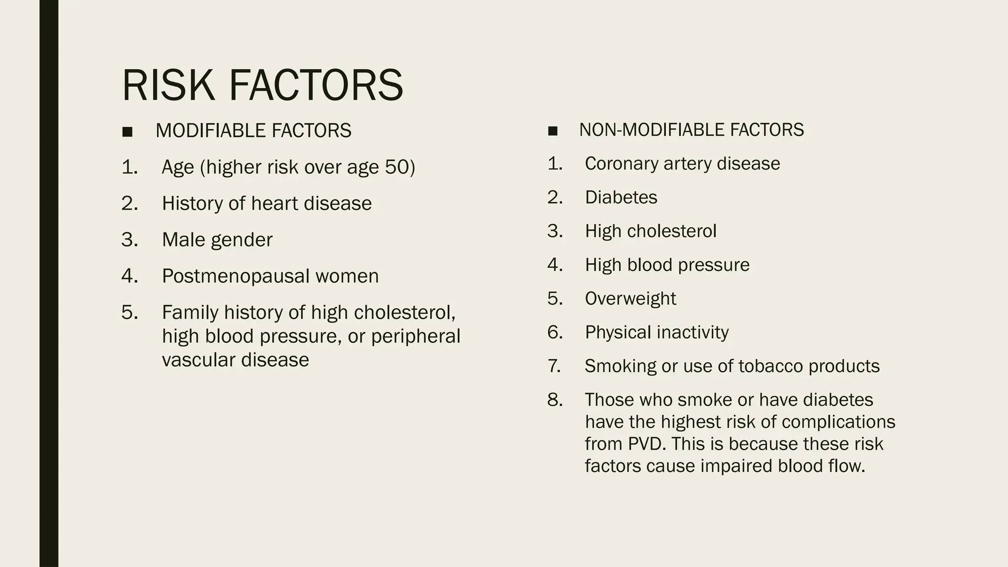 RISK FACTORS
■ MODIFIABLE FACTORS
1. Age (higher risk over age 50)
2. History of heart disease
3. Male gender
4. Postmenopausal women
5. Family history of high cholesterol,
high blood pressure, or peripheral
vascular disease
■ NON-MODIFIABLE FACTORS
1. Coronary artery disease
2. Diabetes
3. High cholesterol
4. High blood pressure
5. Overweight
6. Physical inactivity
7. Smoking or use of tobacco products
8. Those who smoke or have diabetes
have the highest risk of complications
from PVD. This is because these risk
factors cause impaired blood flow.
 