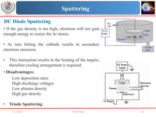 11/2/2023 Vivek Garg 24
DC Diode Sputtering
• If the gas density is too high, electrons will not gain
enough energy to ionize the Ar atoms.
• Ar ions hitting the cathode results in secondary
electrons emission.
• This interaction results in the heating of the targets,
therefore cooling arrangement is required.
• Disadvantages:
Low deposition rates
High discharge voltages
Low plasma density
High gas density
• Triode Sputtering
Sputtering
 