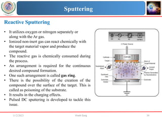 11/2/2023 Vivek Garg 39
Reactive Sputtering
Sputtering
• It utilizes oxygen or nitrogen separately or
along with the Ar gas.
• Ionized non-inert gas can react chemically with
the target material vapor and produce the
compound.
• The reactive gas is chemically consumed during
the process.
• An arrangement is required for the continuous
desired compound formation.
• One such arrangement is called gas ring.
• There is the possibility of the creation of the
compound over the surface of the target. This is
called as poisoning of the substrate.
• It results in the charging effects.
• Pulsed DC sputtering is developed to tackle this
issue.
 