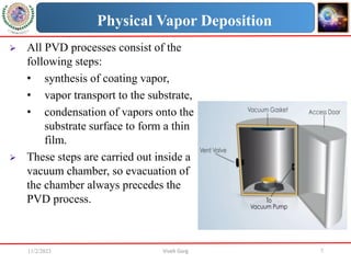 11/2/2023 Vivek Garg 7
Physical Vapor Deposition
 All PVD processes consist of the
following steps:
• synthesis of coating vapor,
• vapor transport to the substrate,
• condensation of vapors onto the
substrate surface to form a thin
film.
 These steps are carried out inside a
vacuum chamber, so evacuation of
the chamber always precedes the
PVD process.
 
