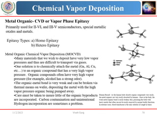 11/2/2023 Vivek Garg 70
Chemical Vapor Deposition
Metal Organic- CVD or Vapor Phase Epitaxy
Epitaxy Types: a) Homo Epitaxy
b) Hetero Epitaxy
 
