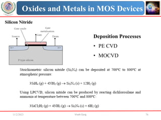 11/2/2023 Vivek Garg 76
Oxides and Metals in MOS Devices
Silicon Nitride
Deposition Processes
• PE CVD
• MOCVD
 
