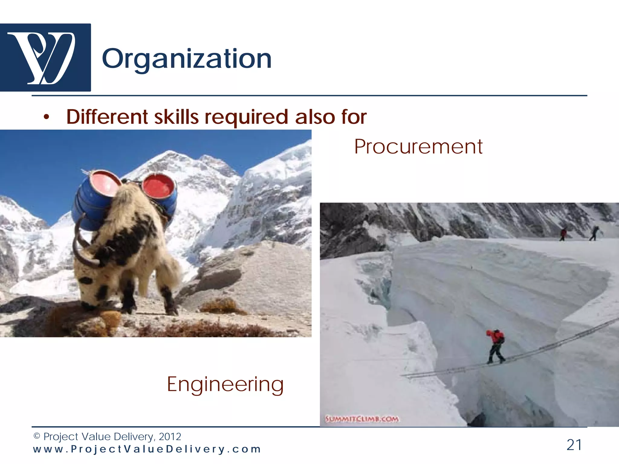 Organization

 • Different skills required also for
                                    Procurement




                 Engineering

© Project Value Delivery, 2012
www.ProjectValueDelivery.com                      21
 