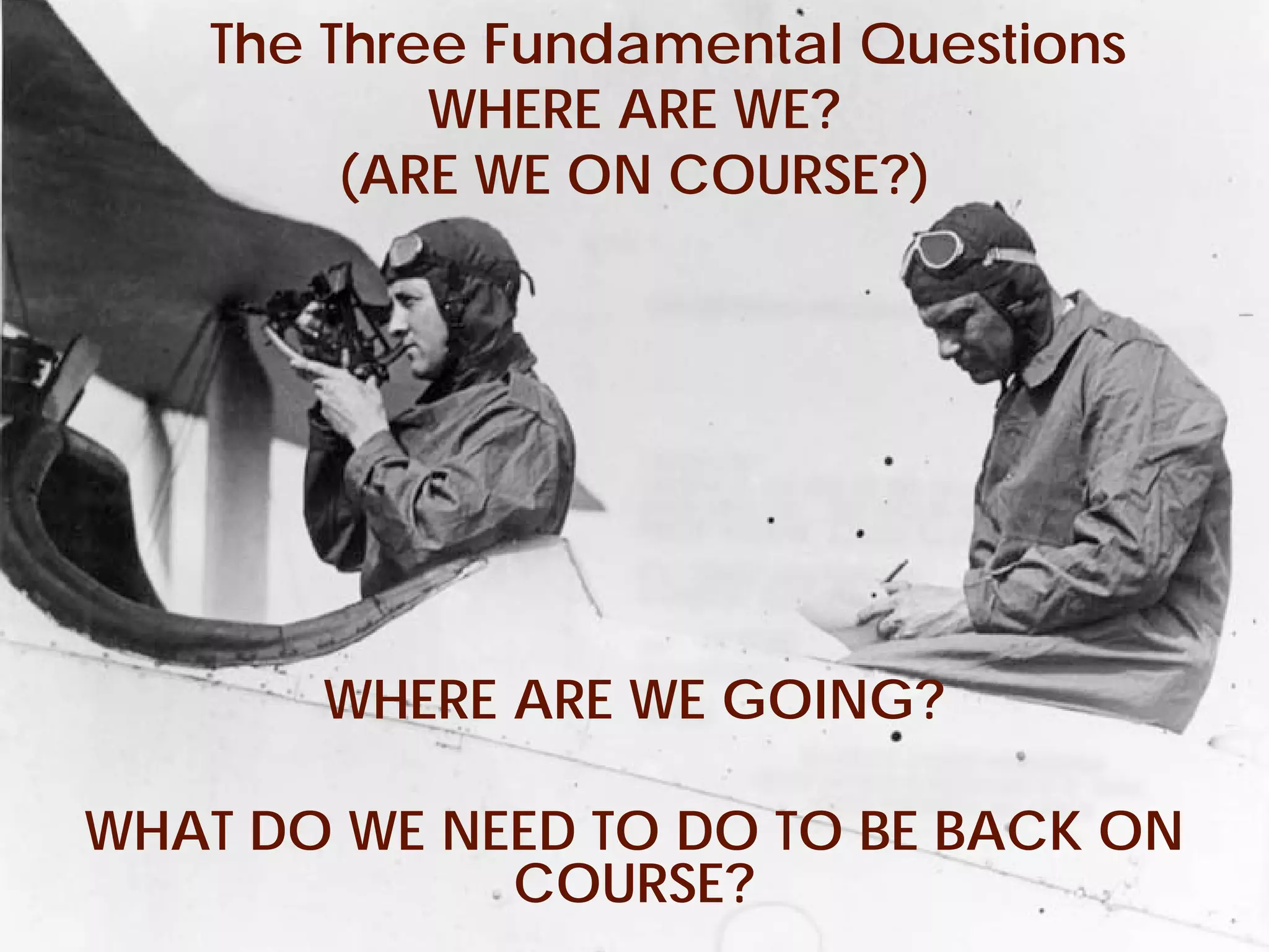 The Three Fundamental Questions
                 WHERE ARE WE?
              (ARE WE ON COURSE?)




                WHERE ARE WE GOING?

 WHAT DO WE NEED TO DO TO BE BACK ON
              COURSE?
© Project Value Delivery, 2012
www.ProjectValueDelivery.com       39
 