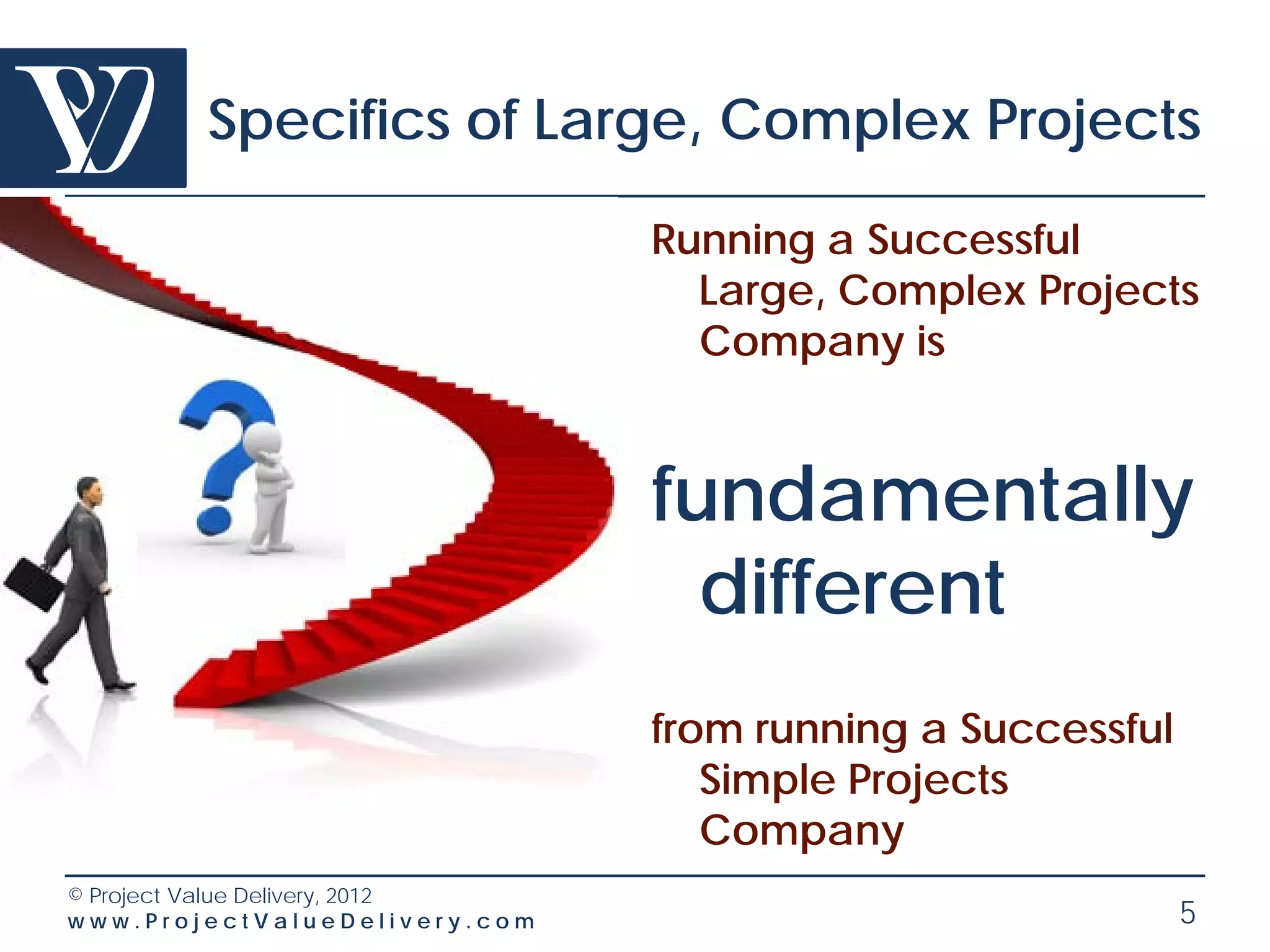 Specifics of Large, Complex Projects

                                 Running a Successful
                                   Large, Complex Projects
                                   Company is


                                 fundamentally
                                   different
                                 from running a Successful
                                    Simple Projects
                                    Company
© Project Value Delivery, 2012
www.ProjectValueDelivery.com                                 5
 